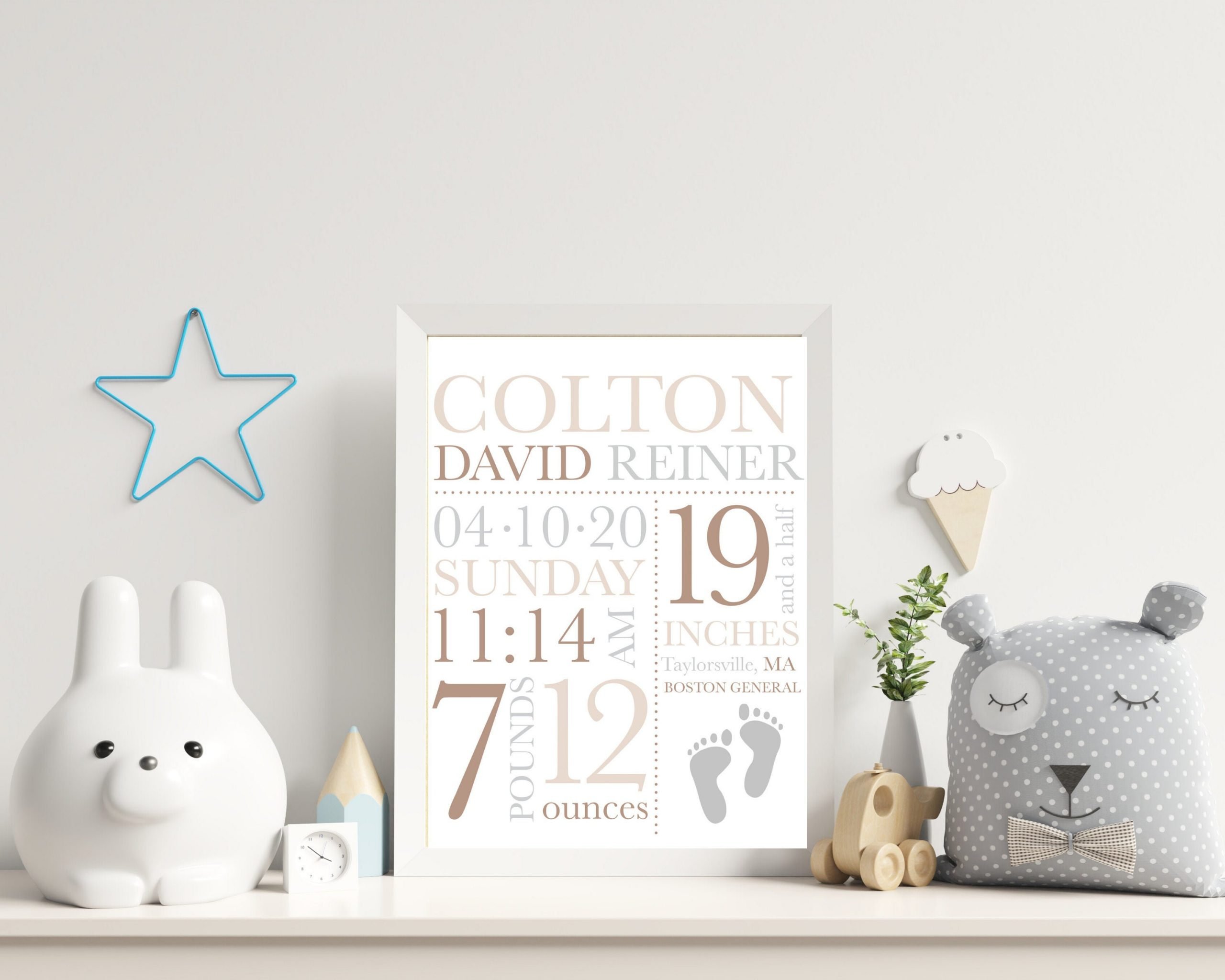 Grey Birth Stats Printable Nursery Decor Sign For Baby Boy Or Girl 