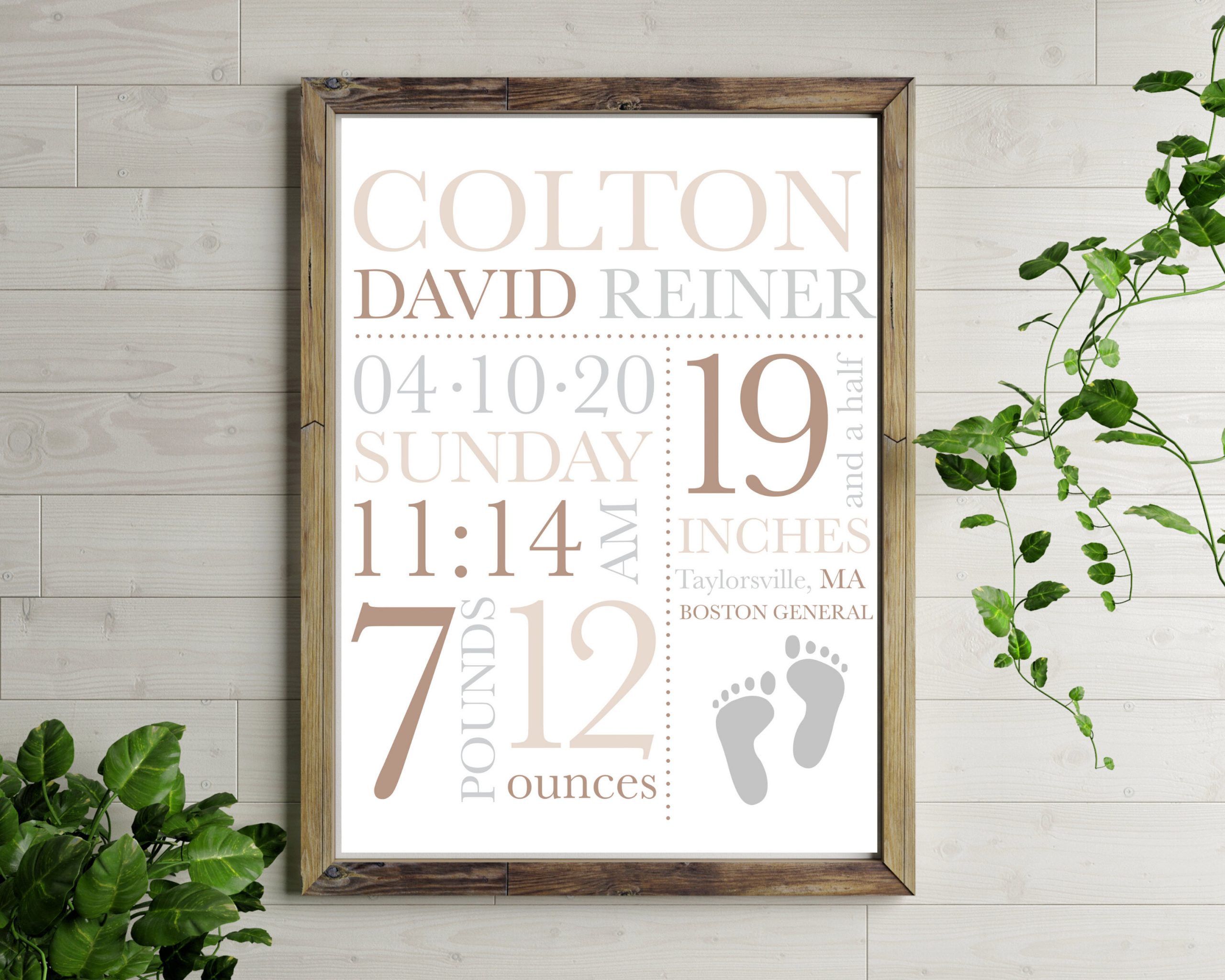 Grey Birth Stats Printable Nursery Decor Sign for Baby Boy or Girl